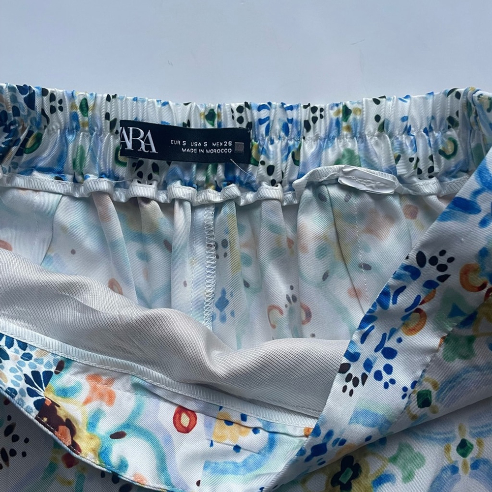 ZARA Patchwork Print Palazzo Pants — Satin Wide Leg High Waist | Size Small - Picture 3 of 6